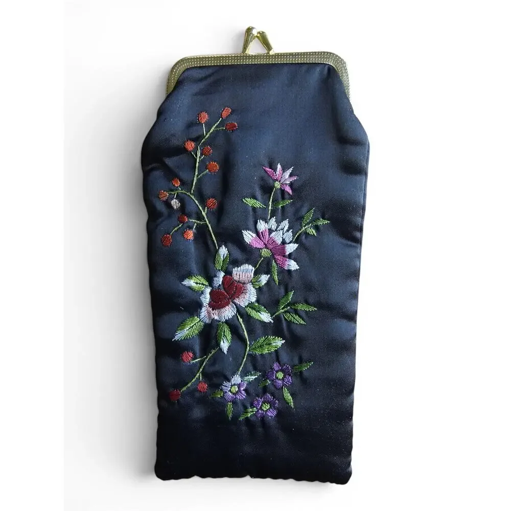 Vintage Black Silk Clutch Floral Embroidery Red Lining Gold Kiss Lock Bag